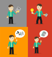 Set of cute cartoon young businessmen. Idea concept and finance