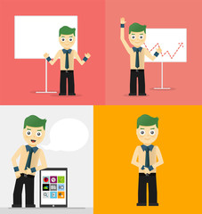 Poses of young businessmen, presentation white board, leaning on