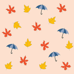 Fall autumn leaves with umbrella seamless background.