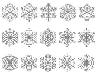 Silvery grey snowflakes isolated on white. East to remove.