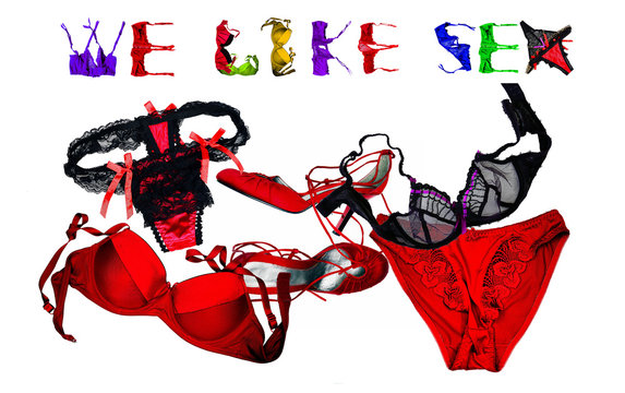 We Like Sex words composed on base of lingerie apparel