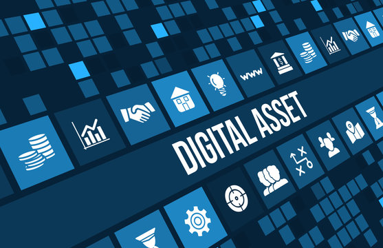 Digital asset concept image with business icons and copyspace.