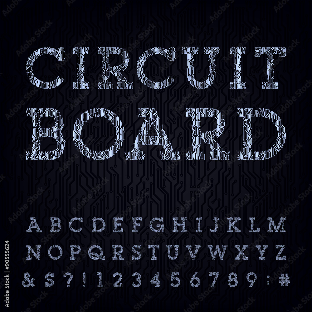 Poster circuit board type font. vector alphabet. digital high-tech style letters, numbers and symbols on th
