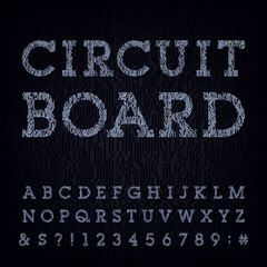 Circuit board type font. Vector Alphabet.
Digital high-tech style letters, numbers and symbols on the dark background. Stock vector for your headlines, posters etc.