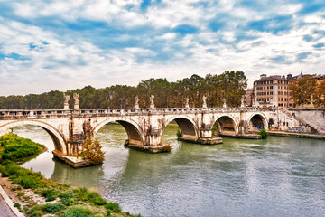 Bridge Ponte Sant Angelo in Rome across river Tiber in Rome