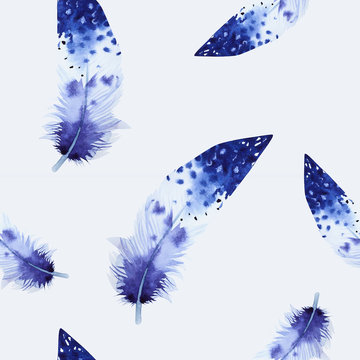 Watercolor birds feathers pattern. Seamless texture with hand dr