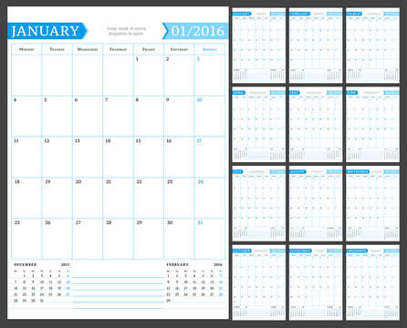 Monthly Calendar Planner for 2016 Year. Vector Design Print Template with Place for Notes. Week Starts Monday. Portrait Orientation. Set of 12 Months