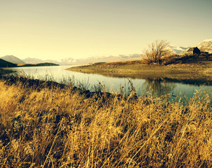 Small Cottage Rural Area View Mountain Lake Concept