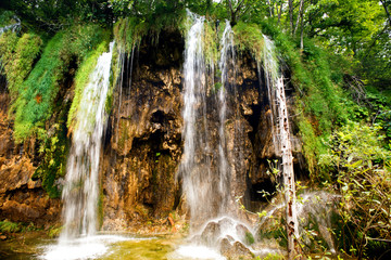 Fototapeta premium Breathtaking view of natural waterfall, lake cascade and water in deep tropical forest.
