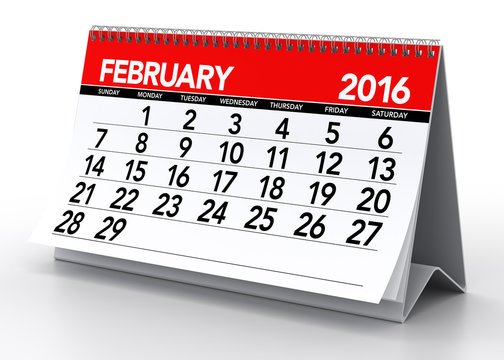 February2016 Calendar. Isolated on White Background. 3D Renderin