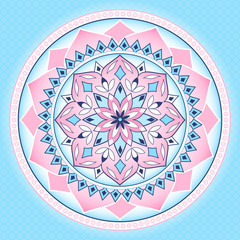 Round  background of blue and pink color. Mandala.
