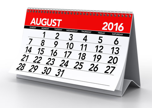 August 2016 Calendar. Isolated on White Background. 3D Rendering