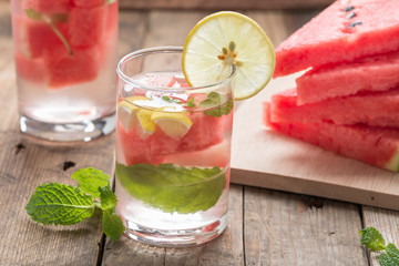 Detox water. Fresh watermelon with lemon and mint.