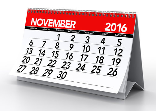 November 2016 Calendar. Isolated on White Background. 3D Renderi