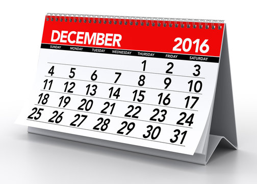 December 2016 Calendar. Isolated on White Background. 3D Renderi