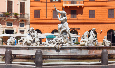 The Fountain of Neptune, at Piazza Navona. This fountain from 1576 depicts the god Neptune with his...