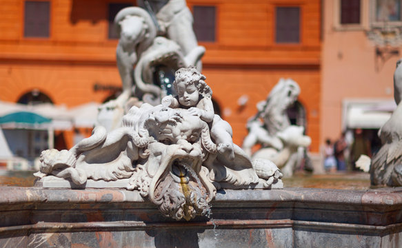 The Fountain of Neptune, at Piazza Navona. This fountain from 1576 depicts the god Neptune with his trident fight against an octopus and other mythological creatures