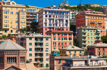 Lagaccio quarter in the old part of Genoa city. Colorful facades of living building standing close...
