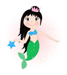 Cute mermaid girl with black hair vector background