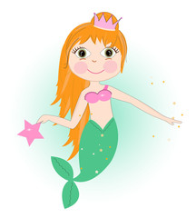 Cute mermaid girl with stars vector background