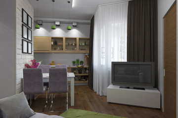3D illustration of the one-room apartment