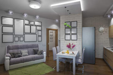 3D illustration of the one-room apartment