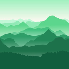 Green seamless mountains in the fog. Vector illustration.