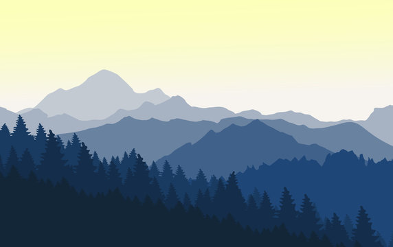 Wonderful sunset in the blue mountains.Vector illustration.