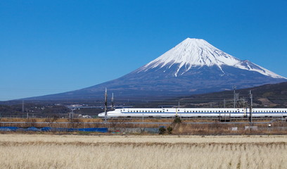 View of Mt Fuji and Tokaido Shinkansen, Shizuoka, Japan..