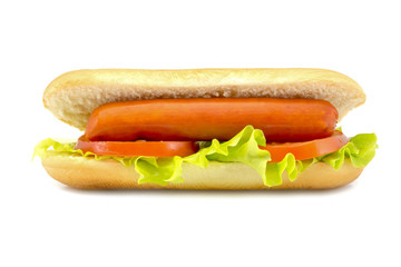 hot dog with fresh leaf lettuce two slices of tomato isolated on a white background
