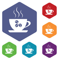 Coffee cup icon, hexagon set