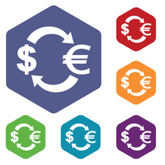 Dollar-euro exchange icon, hexagon set