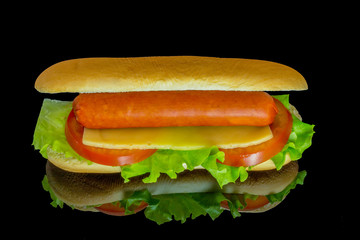 hot dog with fresh leaf lettuce two slices of tomato with reflection isolated on black background

