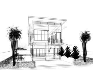 sketch design of house ,3dwire frame render