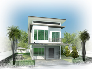 sketch design of house ,3dwire frame render