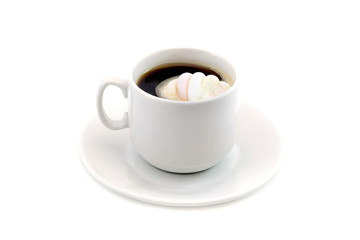 cup of coffee with marshmallows isolated on white background
