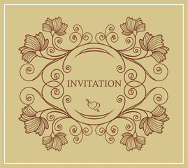 Wedding invitation card with floral elements on a gold background. Vector design. Retro and vintage style.