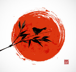 Card with bamboo bird and big red sun  © elinacious