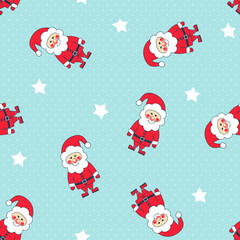 Seamless Christmas pattern with Santa Claus and stars on polka dot background. Xmas background. Winter holidays texture.