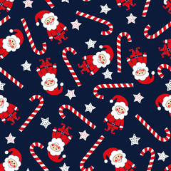 Seamless Christmas pattern with Santa Claus, stars and candy cane. Xmas background. - 90574039