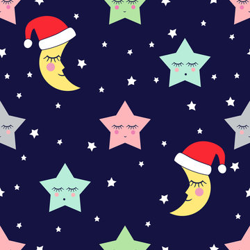 Seamless pattern with sleeping stars and moon with Santa Claus Hat for kids holidays. Winter holidays concept. Xmas illustration. Cute baby shower vector background.