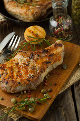 Pork loin fried on wooden