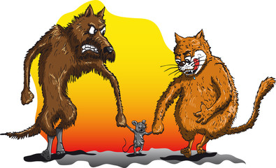 Dog cat and mouse holding hands