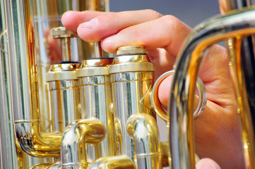 Musician playing tuba in street orchestra  © kirvinic