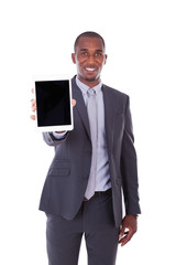 African american business man using a tactile tablet over white