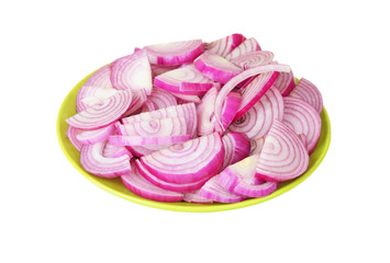 Slised red onion on plate, isolated on white background