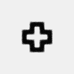Obraz premium Black abstract geometric shape, cross badge with film grain, grunge texture and light background for logo, design concepts, posters, banners, web, presentations and prints. Vector illustration.