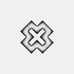 Black abstract geometric shape, cross badge with film grain, grunge texture and light background for logo, design concepts, posters, banners, web, presentations and prints. Vector illustration.
