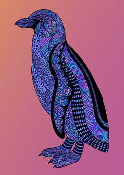 Zentangle lilac decorative penguin on a pink background.