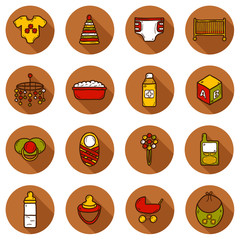 Set of hand drawn icons on baby care theme: nipple, rattle